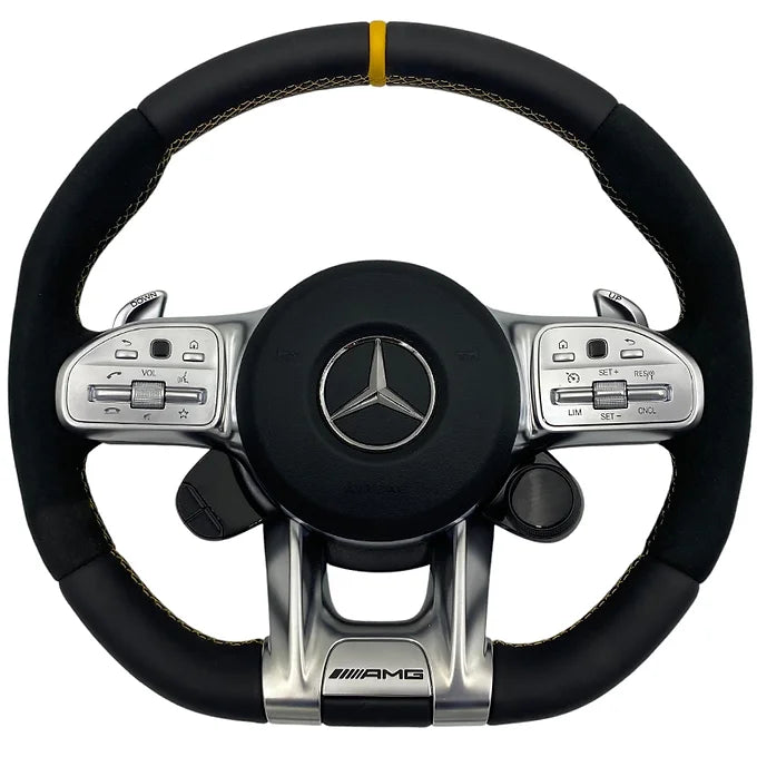 Mercedes-Benz AMG Performance Steering Wheel – Full Alcantara, Yellow Stitching + Performance Buttons